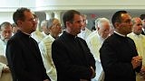 Richard R. Andre, CSP (left), Thomas C. Gibbons, CSP, and Rene I. Constanza at the Mass where they will profess their final promise with the Paulist Fathers Sept. 2 at St. Vincent Chapel at The Catholic University of America. (Photo credit: Bruce Byers, brucebyers.com)