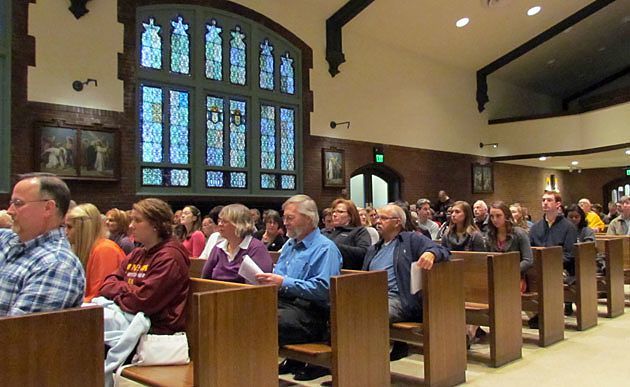 Congregants fill the pews of St. Lawrence Church and Newman Center in Minneapolis for the 125th anniversary Mass on Nov. 3, 2012.
