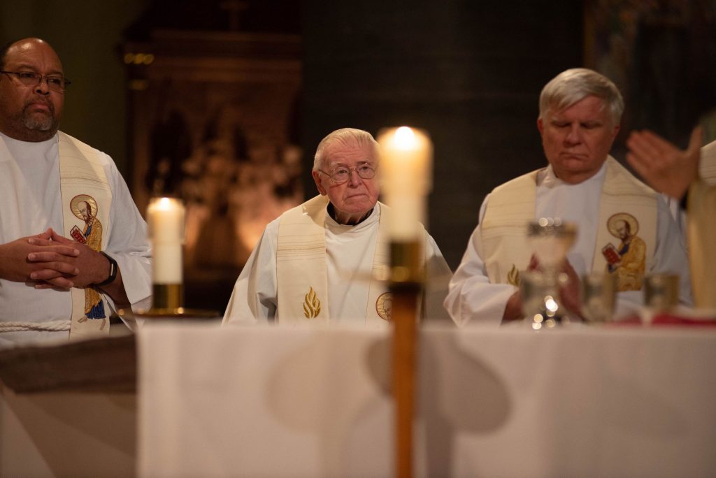 Fr. Kevin (center) at the Mass celebrating the start of the Hecker bicentennial year, December 18, 2018.