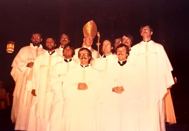 The Class of 1977 (left to right): Tom Halohan, (+ Paul Illecki), Tom Foley, (Greg Romanski, now priest of Austin), Thomas Hall, Terry Ryan, John Hurley, Ron Roberson and Mike Martin.  