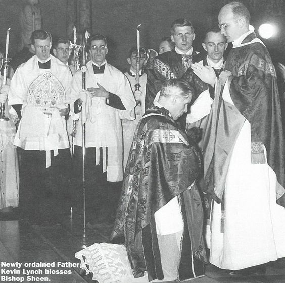 Fr. Lynch giving a priestly blessing to Fulton Sheen in 1953.