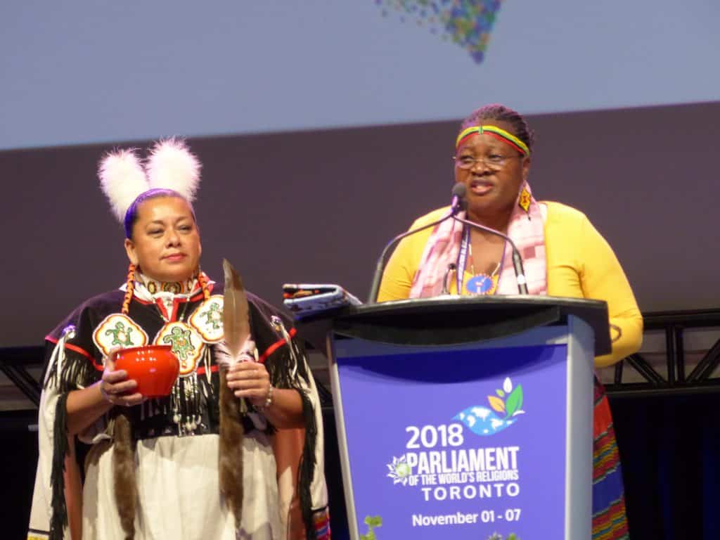 Indigenous women Margaret Lokawa (L) and Manulani Meyer 