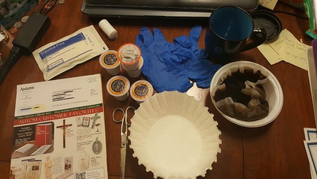 Figure 3: Recycled catalogs, Keurig Coffee Cups, Coffee Filters, Gauze pad, Gloves, Mug and scissors were some of the tools used in the aging process of the replicas