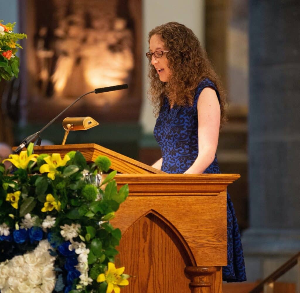 Heather speaking at the ordination of Paulist Fr. Evan Cummings on May 18, 2019.
